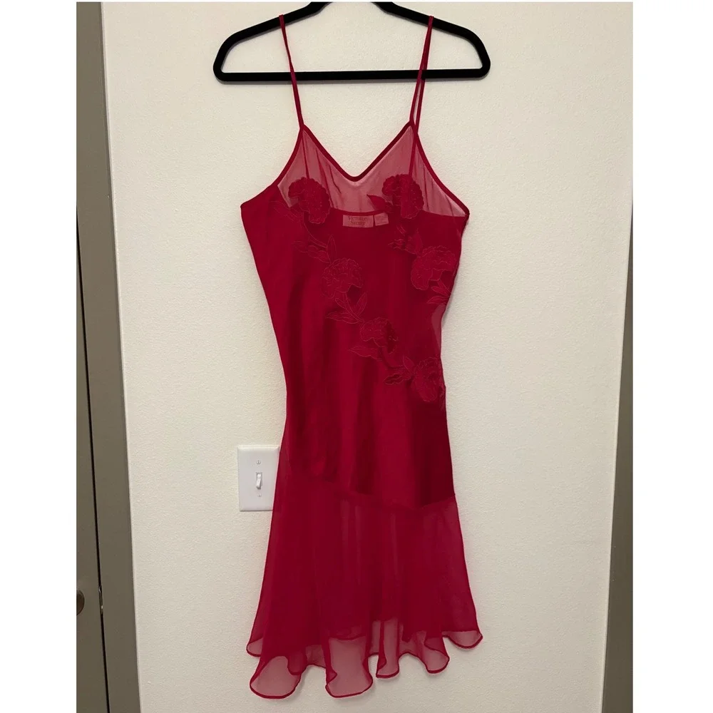 VTG Victoria's Secret Red Satin Mesh Floral Slip Dress Romantic Lace ethereal a5